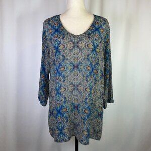 APNY Silky Tunic 3/4 Sleeves V Neck Blue Abstract Snakeskin Print Size L